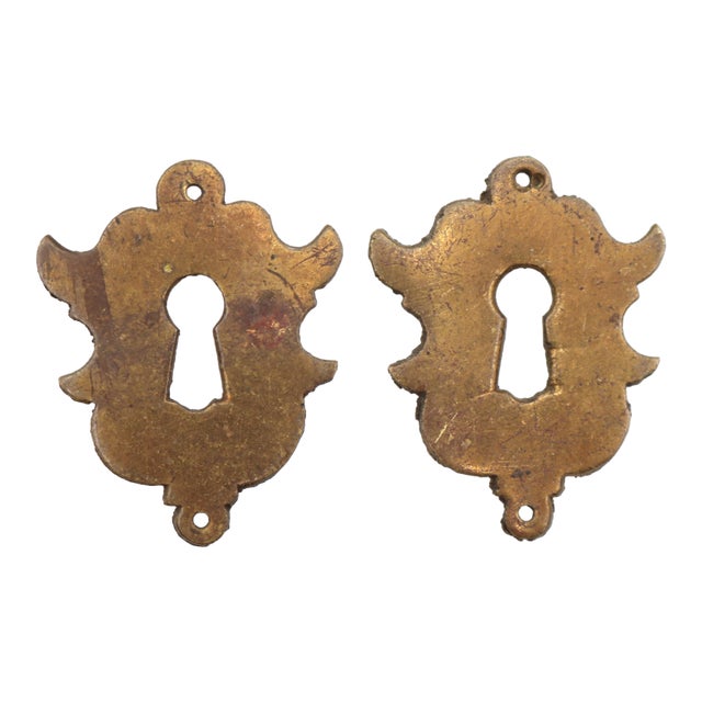 Pair of Vintage Brass Flourish Keyhole Covers For Sale