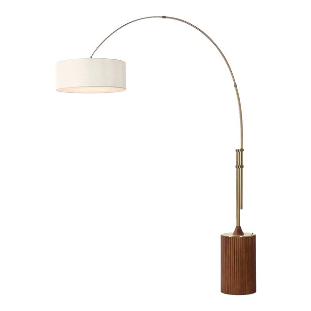 Tambo 92" Arc Floor Lamp, White Linen Drum Shade, Dark Walnut/Weathered Brass, Dimmable For Sale