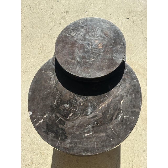 Stone Coffee Table in Brown Petrified Wood with Double Circular Top on Cubic Base, Indonesia, 1980s For Sale - Image 7 of 16