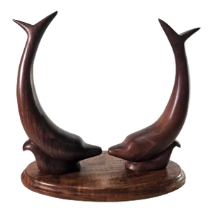 Vintage Hand Carved Dolphin Sculpture Walnut MCM Figurine Dolphin Figure 14"