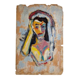 Vintage Mid-Century Expressionist Woman Portrait Oil Painting on Paper Impasto For Sale