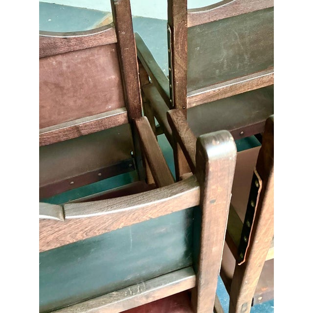 Mid 20th Century Vintage Spanish Leather and Wood Armchairs - Set of 6 For Sale - Image 5 of 14