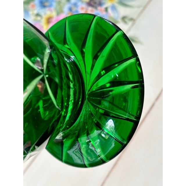 Vintage 1960s West German Cut-to-Clear Emerald Crystal Vase - 3.25 LBS For Sale - Image 4 of 12