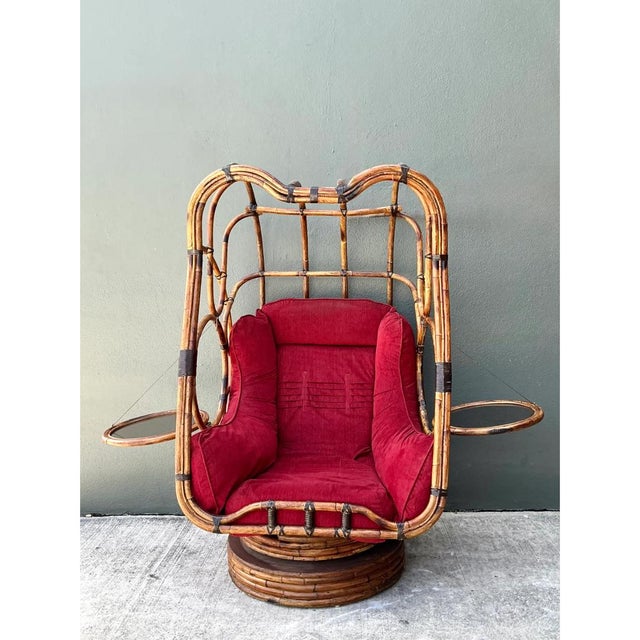 Mid-Century Modern Vintage Bent Rattan Swivel Lounge Chair With Flip Down Side Tables For Sale - Image 3 of 12