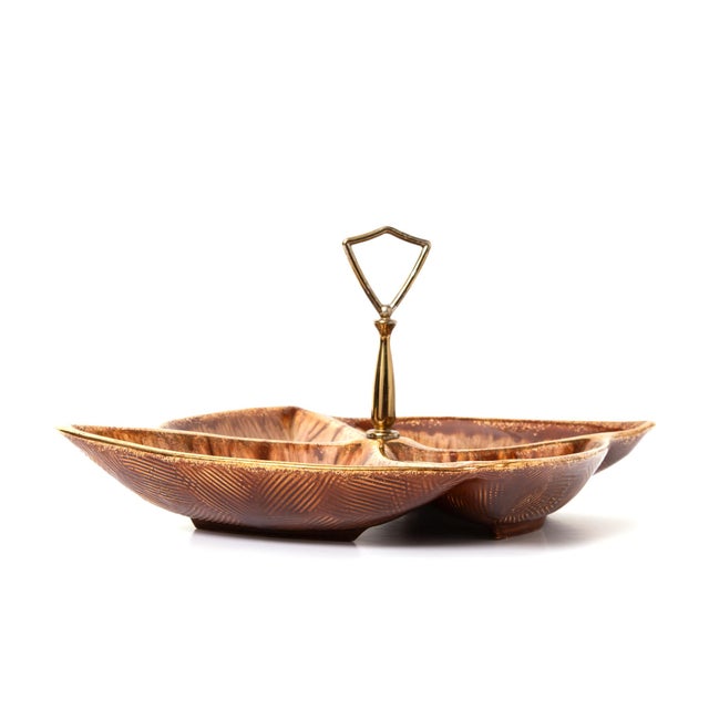 California Pottery 1960's Mid-Century Modern divided serving tray. Brown drip glaze with hints of green a lavender swirled...