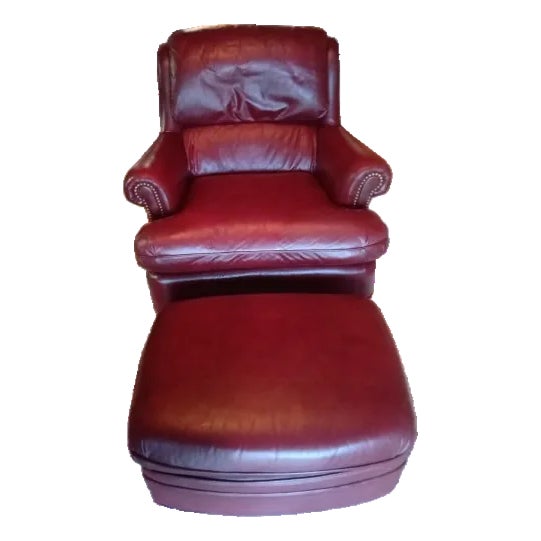 1970s Hancock and Moore Nail Head Leather Chair and Ottoman For Sale