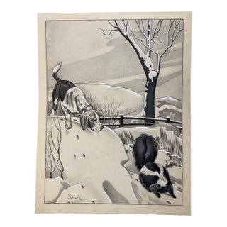 1940s Original Signed Graphite Illustration of Hound Dog and Skunk Winter Scene, 12 × 9.5 In. For Sale