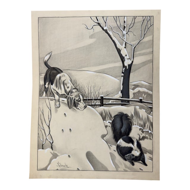 1940s Original Signed Graphite Illustration of Hound Dog and Skunk Winter Scene, 12 × 9.5 In. For Sale