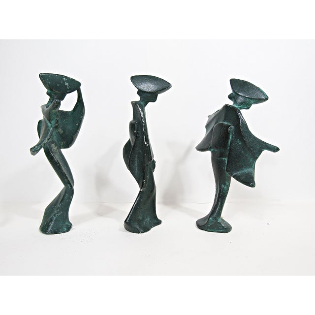 1950s Set of 3 Verdigris Cast-Iron Japanese Awa Odori Geisha Dancers, 7" MCM For Sale In Austin - Image 6 of 9