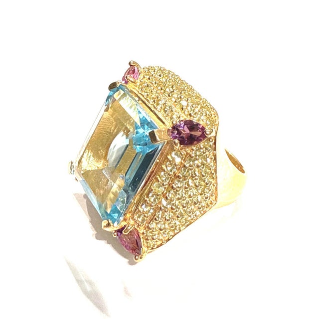 Bochic “Orient” Blue Topaz & Multi Gem Cocktail Ring Set In 18K Gold & Silver, Size 7 For Sale - Image 11 of 11