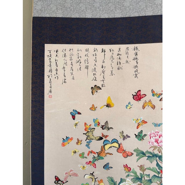 Late 20th Century Vintage Chinese Hanging Scroll Painting — Hundred Butterflies & Peonies With Calligraphy, Silk Brocade Mount For Sale - Image 5 of 12