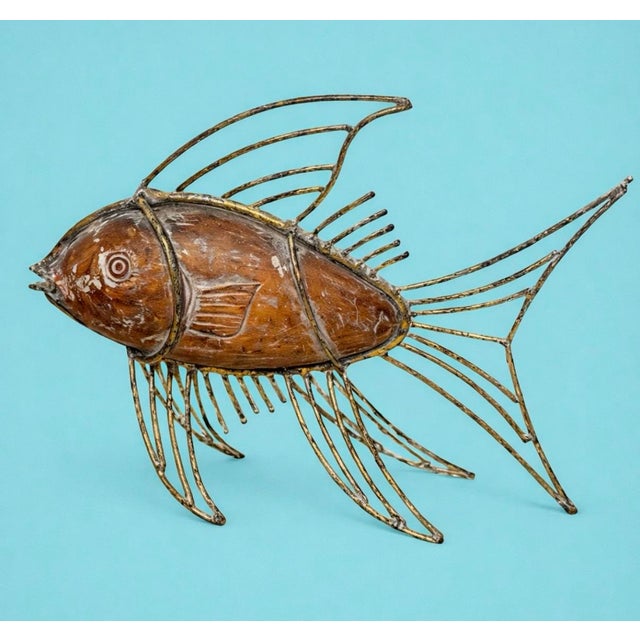 French 1970s French Wood Fish and Gilded Metal Sculpture For Sale - Image 3 of 6