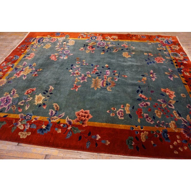 1920s Turquoise Vase Floral Antique Chinese Art Deco Rug 10' 8" X 11' 8" Knotted Wool Carpet For Sale - Image 10 of 15