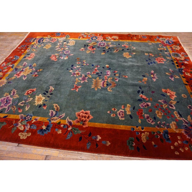 Tranquil and Calming Light Blue Background With Warm Red Field and Magnificent Array of Multicolored Floral Motifs Antique Chinese Art Deco Rug For Sale - Image 10 of 15