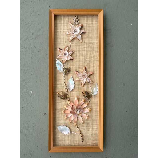 Pair of Vintage Handmade Philippine Seashell Floral Wall Panels on Woven Grasscloth For Sale - Image 4 of 11
