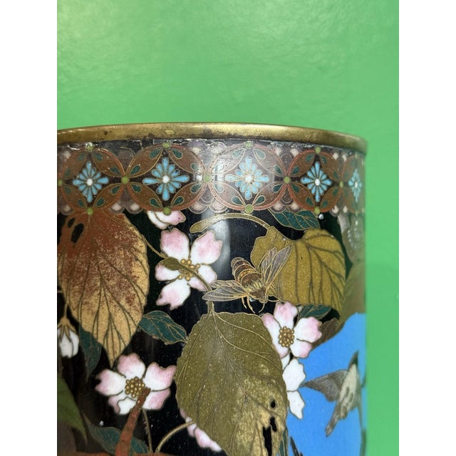 Meiji Period Japanese Cloisonne Enamel Vase With Birds Butterflies and Insects For Sale - Image 9 of 18