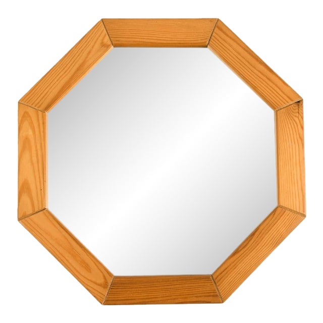 Danish Octagonal Wooden Wall Mirror in Pine, Denmark, 1970s For Sale