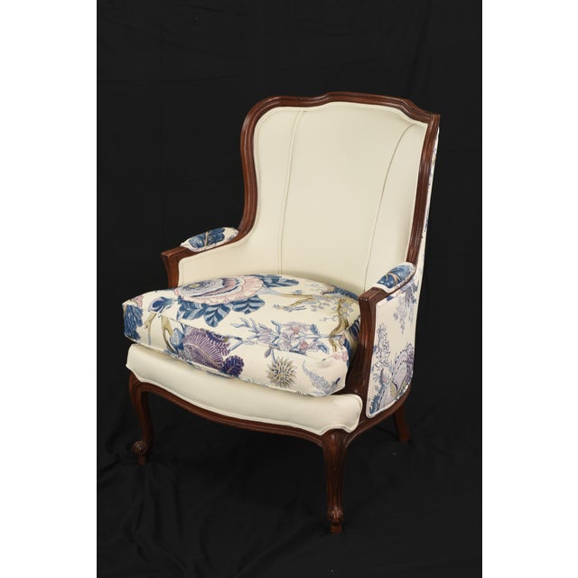 Schumacher Linen Accent Chair on Restored Vintage Ethan Allen Camille Bergere With Linen For Sale - Image 10 of 18