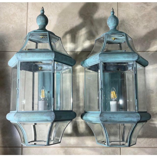 Large Pair of Solid Handcrafted Wall-Mounted Brass Lantern 24”h X 11”w X 12”d For Sale - Image 10 of 12