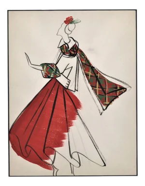Matted 1940s French Daywear Fashion Drawing Featuring Plaid