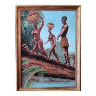 1950s Mid-Century Modern Tropical Tribal Scene Painting by Max R. Stein For Sale