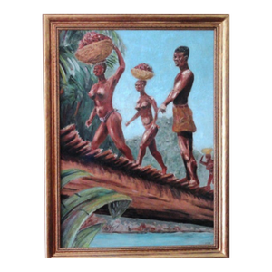 1950s Mid-Century Modern Tropical Tribal Scene Painting by Max R. Stein