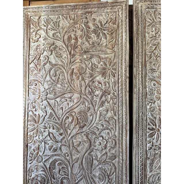 1920s Hand-Carved Tree of Life Wood Door Panel | Vintage Whitewashed Wooden Wall Art 80x36 For Sale - Image 5 of 10