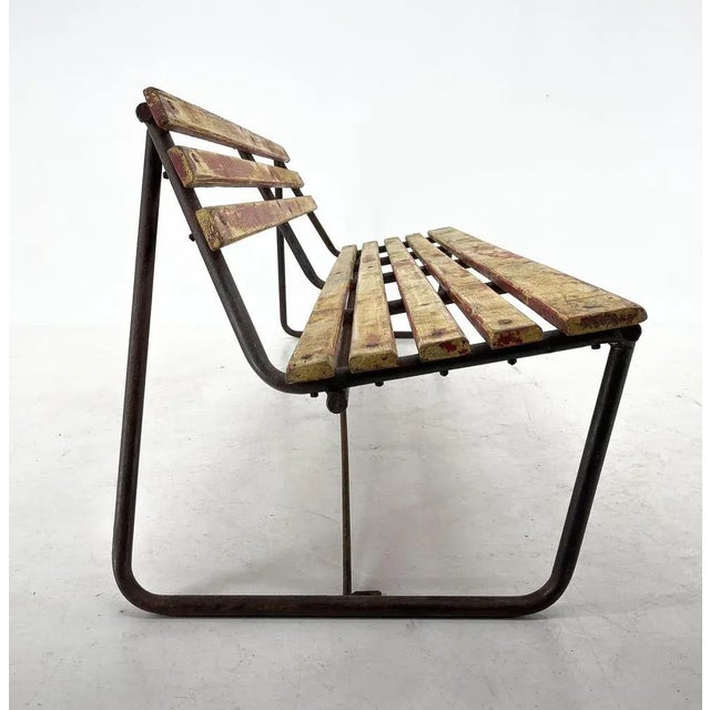 Vintage Industrial Slatted Bench with Original Patina, 1950s For Sale - Image 9 of 10