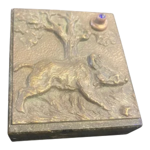 Antique German Bronze Desk or Lobby Bell With Wild Boar & Cobalt Blue Button