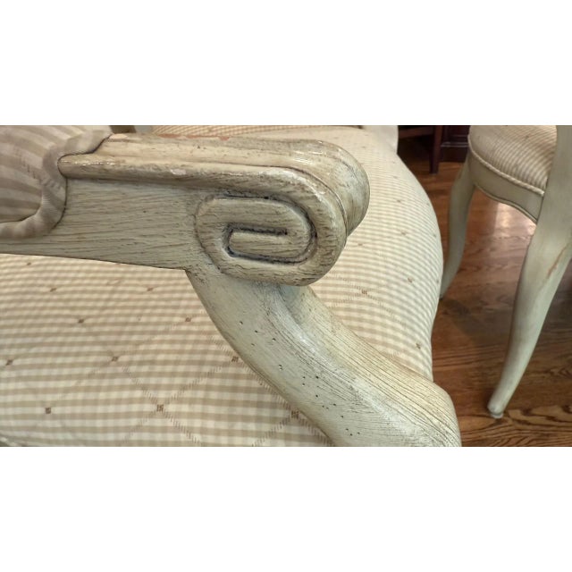 Set of 7 French Louis XVI Style Oval Back Dining Chairs – Distressed Painted Finish & Quilted Upholstery For Sale - Image 11 of 16