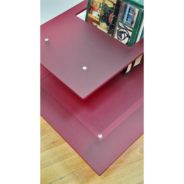 Italian Coffee Table in Burgundy Acrylic Glass and Chrome Wheels, 1990s For Sale - Image 12 of 14