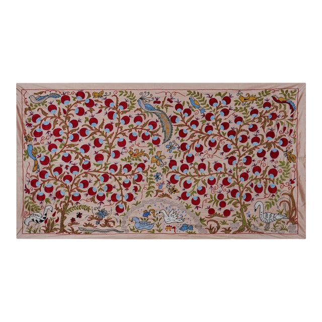 Beige Uzbek Suzani Textile – Silk Blend Red Pomegranate & Bird Motif Wall Art 3'4'' X 6'1'' For Sale