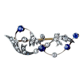 Antique Victorian 9 Karat Gold, Sapphire and Diamond Brooch with Foliate Motif, 1880s For Sale