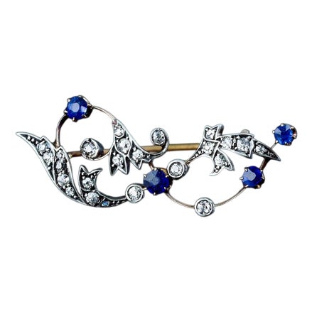 Antique Victorian 9 Karat Gold, Sapphire and Diamond Brooch with Foliate Motif, 1880s For Sale