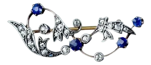 Antique Victorian 9 Karat Gold, Sapphire and Diamond Brooch with Foliate Motif, 1880s