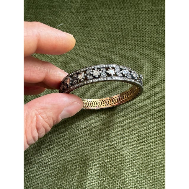 Bochic “Capri” Vintage Multi Rose Cut Diamond Bangle-Set 18K Gold & Silver For Sale - Image 11 of 12