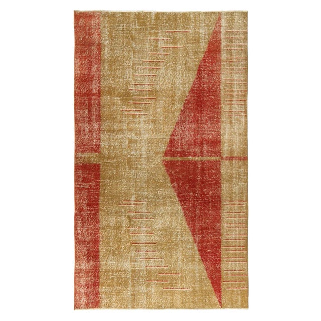 1960s Vintage Art Deco Distressed Rug, Red, Gold Geometric Pattern For Sale In New York - Image 6 of 6