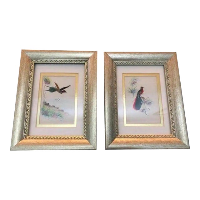 Late 20th Century Framed Chinoiserie Style Bird Painting- A Pair For Sale
