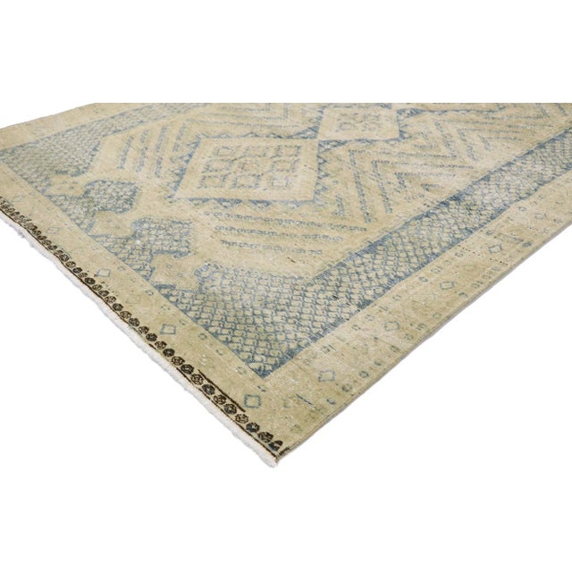 Distressed Antique Persian Malayer Rug with Rustic Coastal Style 04'02 x 05'11. Balancing rustic sensibility and tribal...