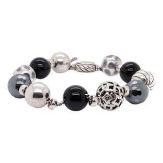 David Yurman Elements Silver, Onyx, & Hematite Adjustable Beaded Bracelet For Sale