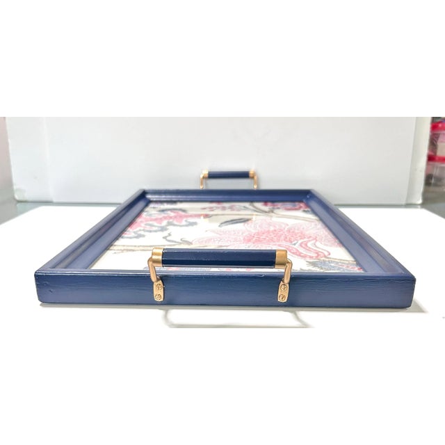 Blue Lacquer Serving Tray With Brass Handles – Floral Fabric Inlay, Bar Cart Decor For Sale In Louisville - Image 6 of 12