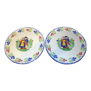 Large French Hand Painted Breton Quimper Design Plates by Pornic Brittany - a Pair For Sale