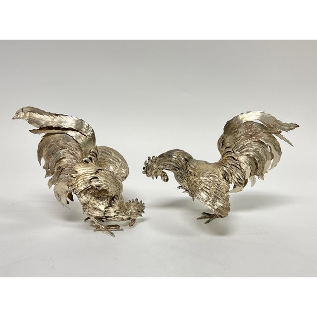 19th Century Pair Antique Silver Cockerel Rooster Figurines / Sculptures For Sale - Image 5 of 18