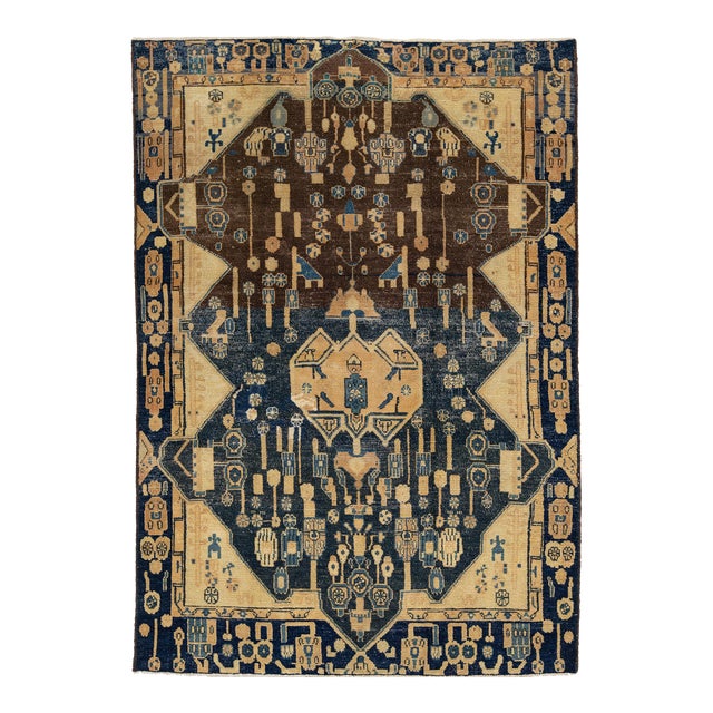 Brown and Blue Vintage Persian Wool Rug Handmade With Geometric Design For Sale