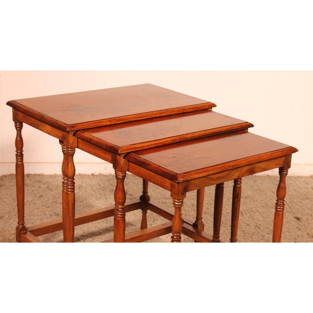 Nesting Tables in Satinwood with Brass Inlays, Set of 3 For Sale - Image 3 of 16