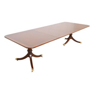 1980s Drexel Heritage Georgian Banded Mahogany Double Pedestal Extension Dining Table For Sale