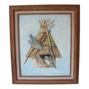 Vintage Whimsical Painting With Birds and Birdhouse and Paint Brushes, Signed by Artist, Oak Wood Frame, Bird Lover
