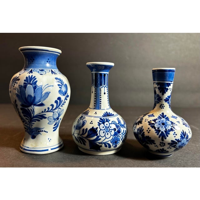 Shabby Chic Vintage Group of Three Small Blue & White Delft Pottery Bud Vases For Sale - Image 3 of 11