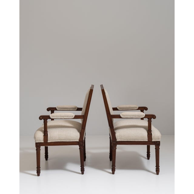 Pair of 19th Century French Chestnut Brown Louis XVI Oak Upholstered Armchairs For Sale - Image 11 of 15