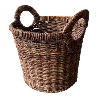 Vintage Hand Woven French Wicker Basket With Round Handles For Sale